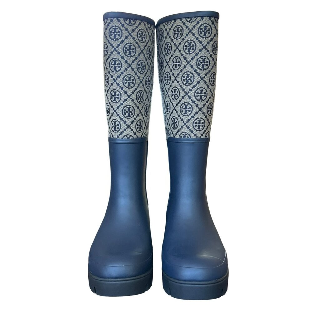 T-132. Tory Burch T Monogram Hurricane Tall Boot Perfect Navy - Picture 4 of 7